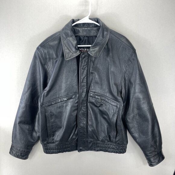 Wilson's Leather Vintage Black Moto Bomber Jacket Size L Full Zip Heavy‎ Weight - Picture 1 of 11